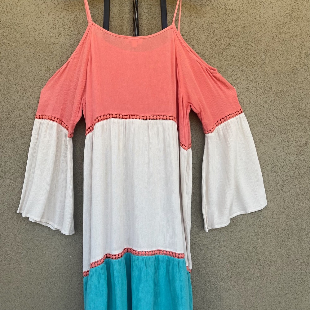 Umgee Cold Shoulder Dress Bell Sleeve Crochet‎ Trim Bohemian Tri-color Size L